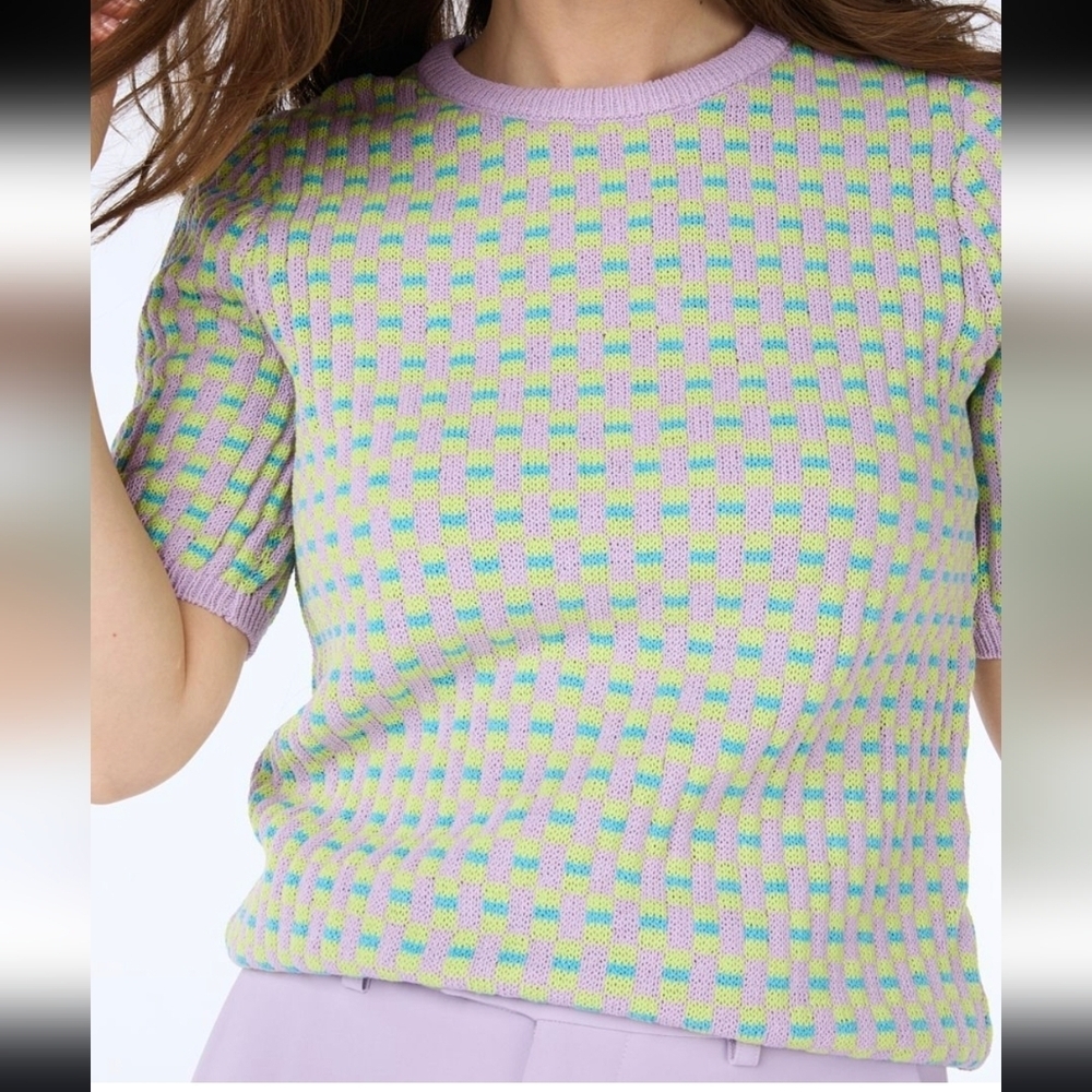 Lavender Check Knit Short-Sleeve Top - Picture 3 of 12